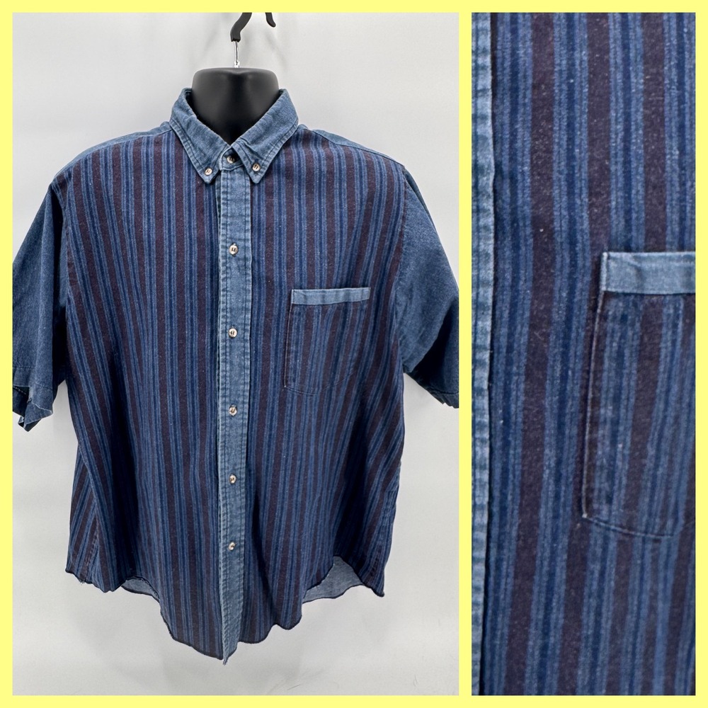VTG Banjo Dallas TX Striped Denim Shirt XL Made in USA Western‎ Yoke 90s Cotton